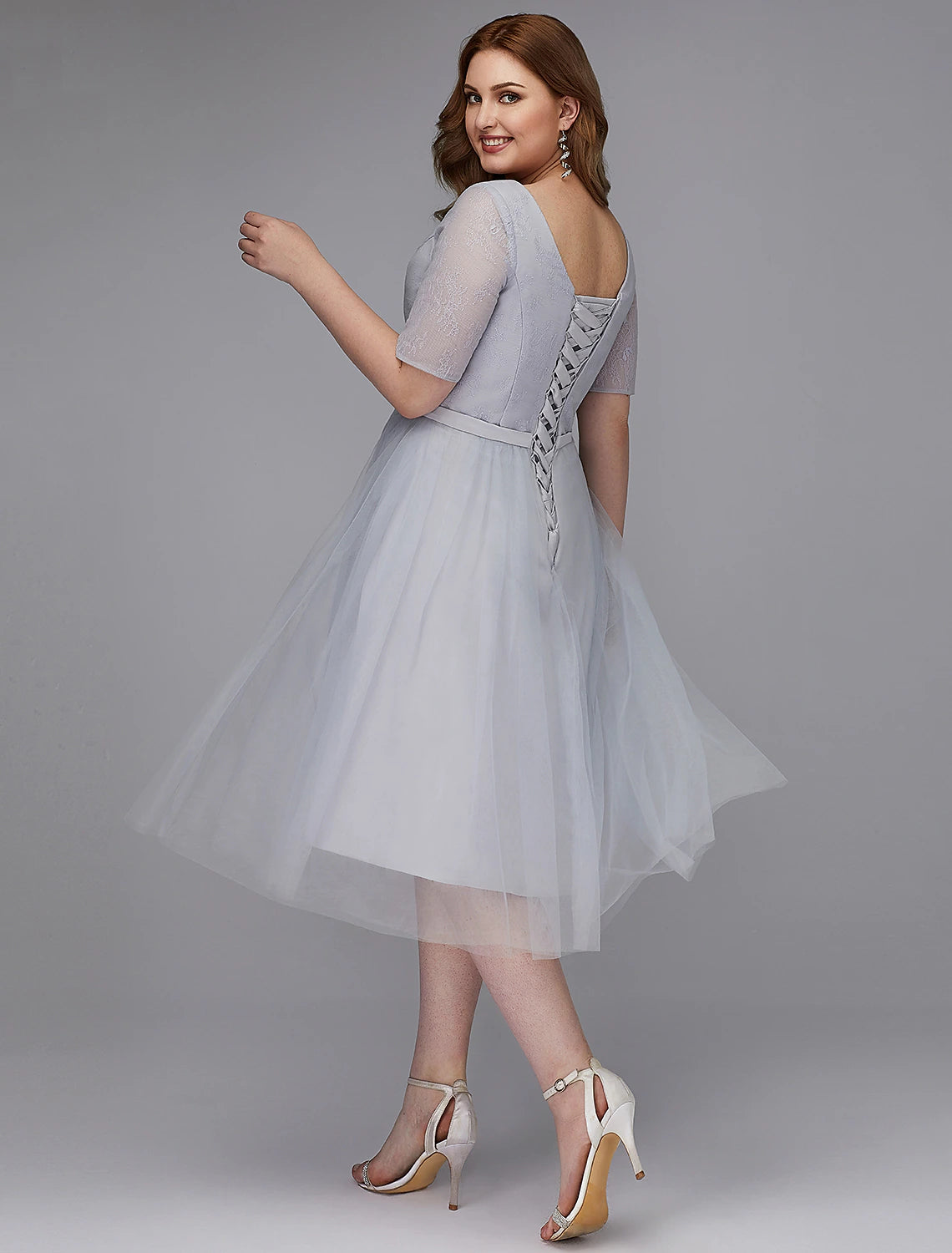 Wholesale A-Line Elegant Dress Wedding Guest Tea Length Short Sleeve V Neck Lace Lace-up with Sash / Ribbon